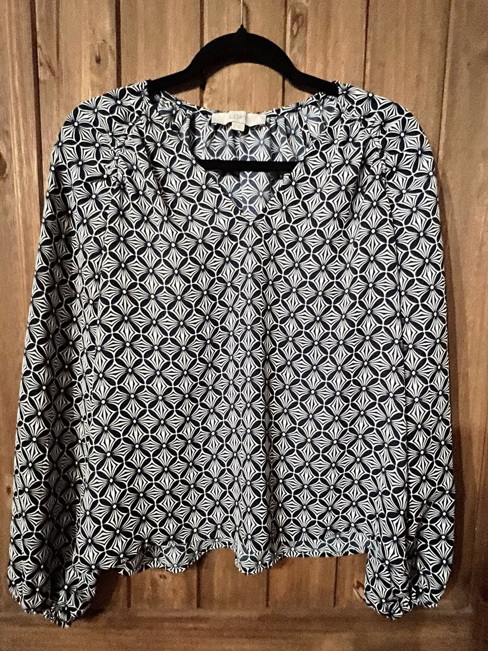 LOFT Navy & White Geometric Print Long-Sleeve Blouse